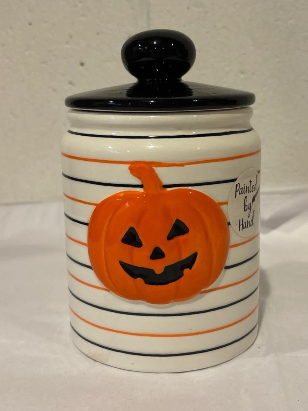 Halloween Jack O Lantern Ceramic Candy Jar Hand Painted with Lid